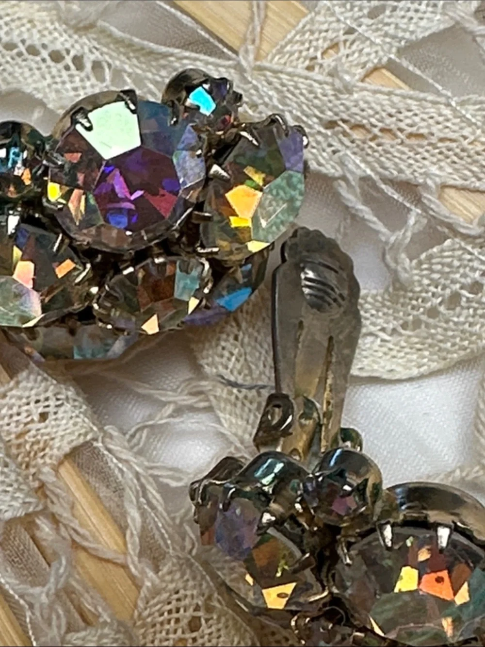 Karu Arke Aurora Borealis Crystal Cluster Clip-On Earrings - Vintage - 1 1/8”